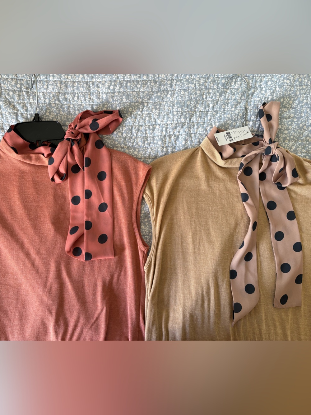 New York & Company Polka Dot Tie-Neck Sleeveless Top - Rust & Tan